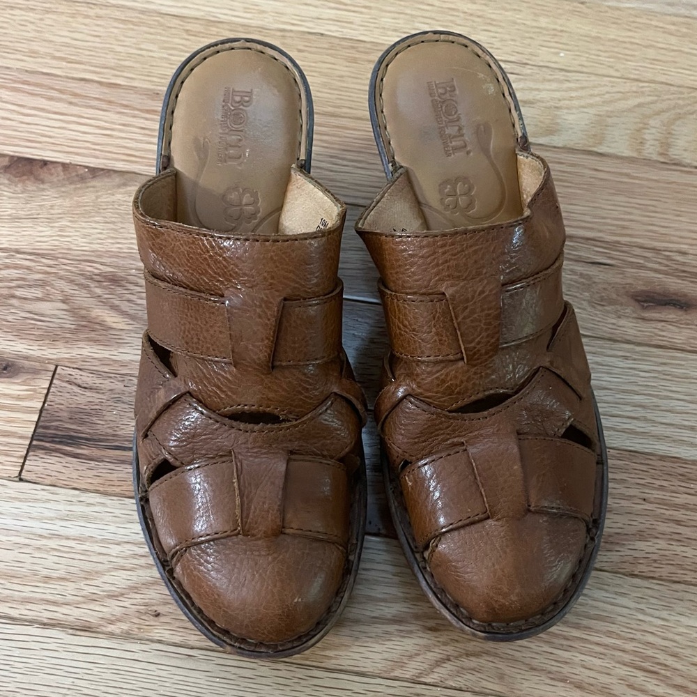 Born Pollina Platform Mules Clogs Brown Woven Leather